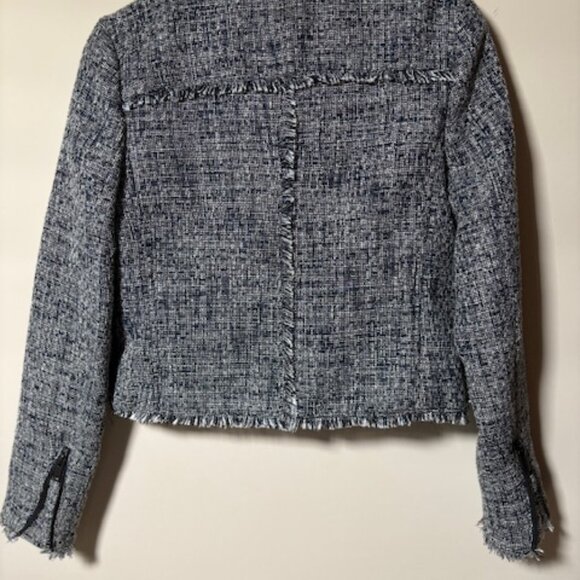 BANANA REPUBLIC Raw Hem Tweed Moto Jacket Cropped Office Navy White EUC Size 4 - Picture 4 of 10